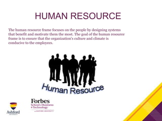 HUMAN RESOURCE
The human resource frame focuses on the people by designing systems
that benefit and motivate them the most. The goal of the human resource
frame is to ensure that the organization’s culture and climate is
conducive to the employees.
 