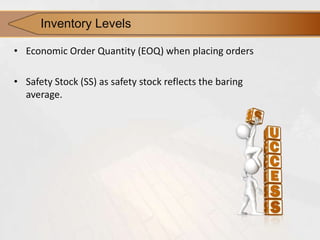 • Economic Order Quantity (EOQ) when placing orders
• Safety Stock (SS) as safety stock reflects the baring
average.
Inven...
