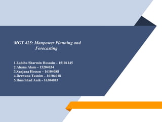 MGT 425: Manpower Planning and
Forecasting
1.Labiba Sharmin Hossain – 15104145
2.Ahana Alam – 15204034
3.Sanjana Hossen – 16104088
4.Rezwana Tasnim – 16104018
5.Ibna Shad Anik - 16304083
 