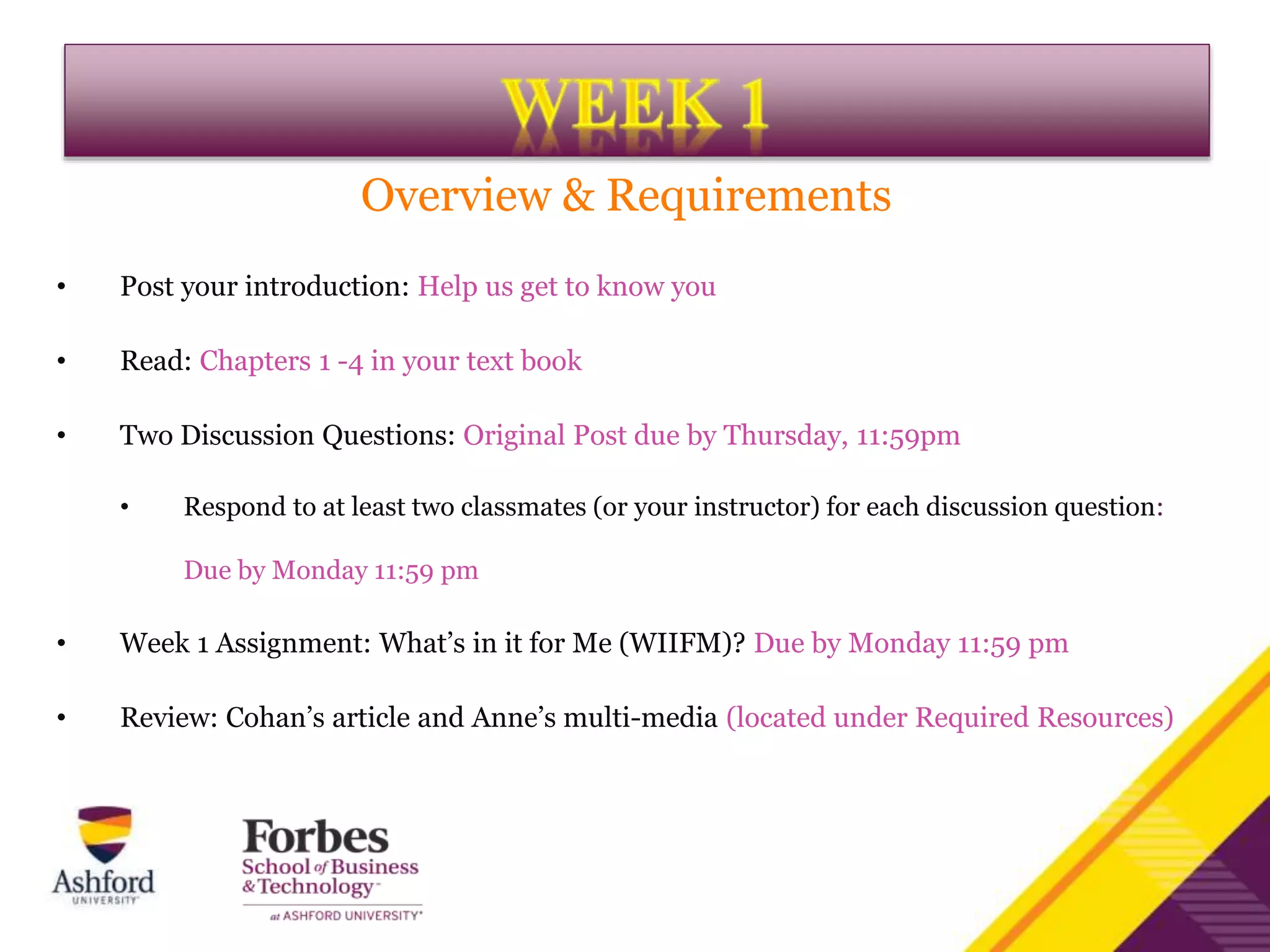 Overview & Requirements
• Post your introduction: Help us get to know you
• Read: Chapters 1 -4 in your text book
• Two Discussion Questions: Original Post due by Thursday, 11:59pm
• Respond to at least two classmates (or your instructor) for each discussion question:
Due by Monday 11:59 pm
• Week 1 Assignment: What’s in it for Me (WIIFM)? Due by Monday 11:59 pm
• Review: Cohan’s article and Anne’s multi-media (located under Required Resources)
 