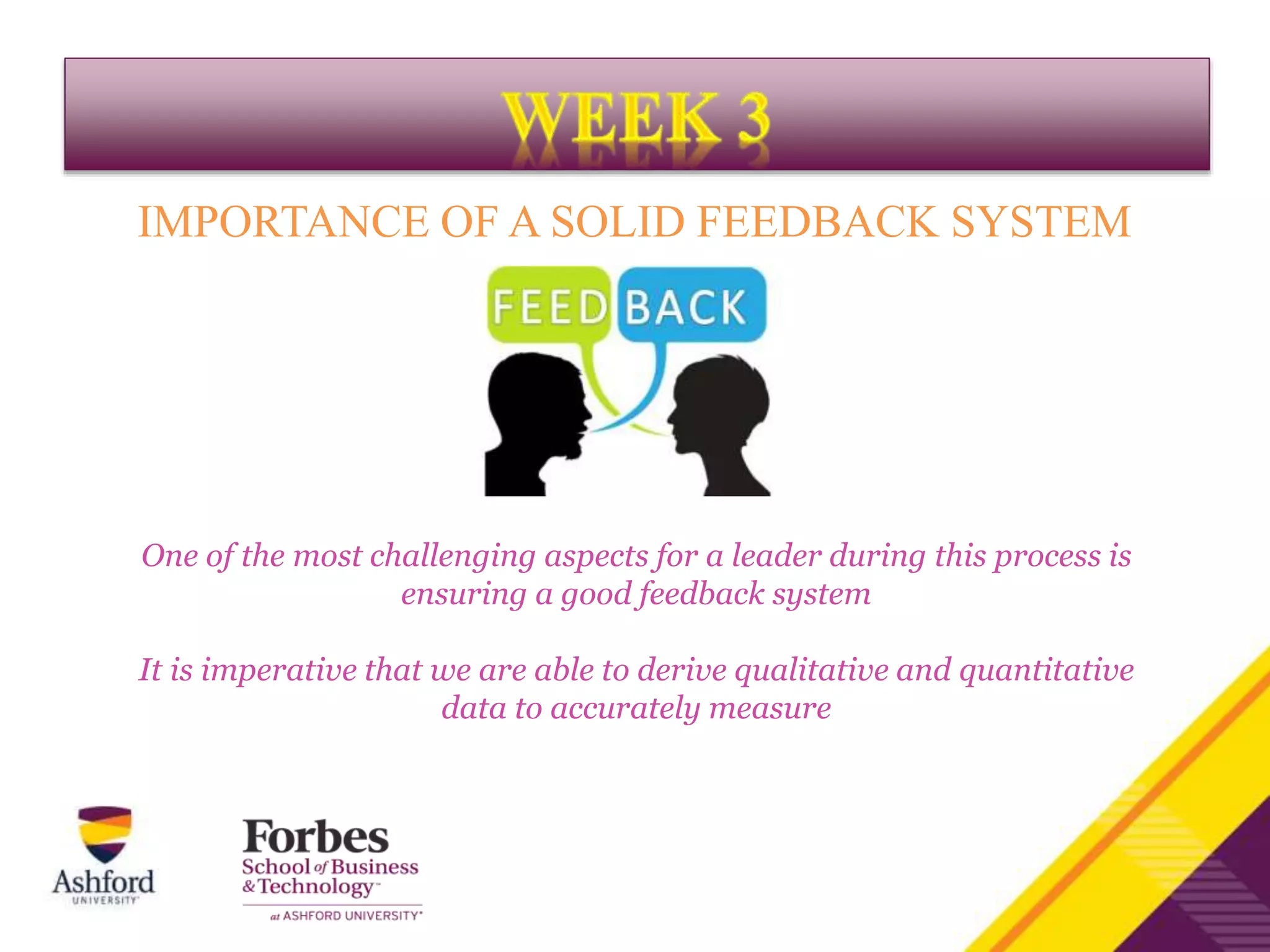 IMPORTANCE OF A SOLID FEEDBACK SYSTEM
One of the most challenging aspects for a leader during this process is
ensuring a good feedback system
It is imperative that we are able to derive qualitative and quantitative
data to accurately measure
 