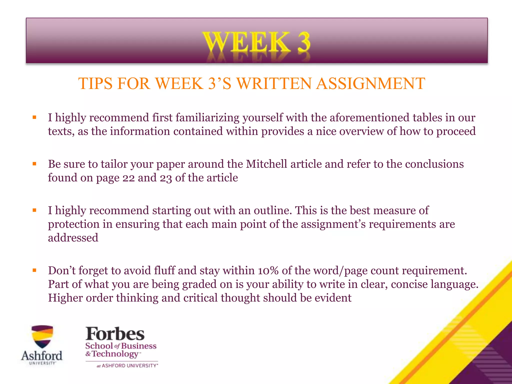 TIPS FOR WEEK 3’S WRITTEN ASSIGNMENT
 I highly recommend first familiarizing yourself with the aforementioned tables in our
texts, as the information contained within provides a nice overview of how to proceed
 Be sure to tailor your paper around the Mitchell article and refer to the conclusions
found on page 22 and 23 of the article
 I highly recommend starting out with an outline. This is the best measure of
protection in ensuring that each main point of the assignment’s requirements are
addressed
 Don’t forget to avoid fluff and stay within 10% of the word/page count requirement.
Part of what you are being graded on is your ability to write in clear, concise language.
Higher order thinking and critical thought should be evident
 