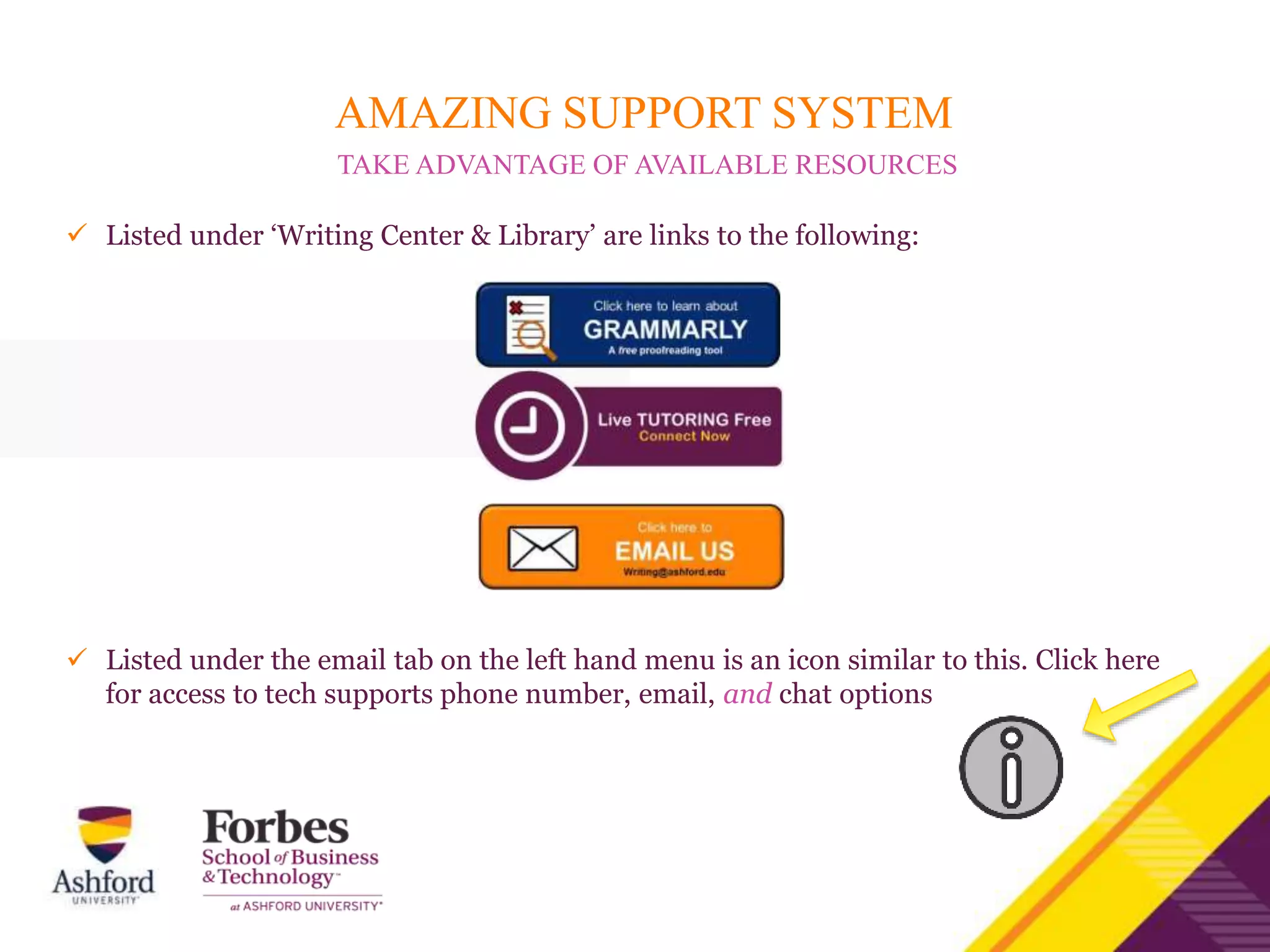 AMAZING SUPPORT SYSTEM
 Listed under ‘Writing Center & Library’ are links to the following:
TAKE ADVANTAGE OF AVAILABLE RESOURCES
 Listed under the email tab on the left hand menu is an icon similar to this. Click here
for access to tech supports phone number, email, and chat options
 