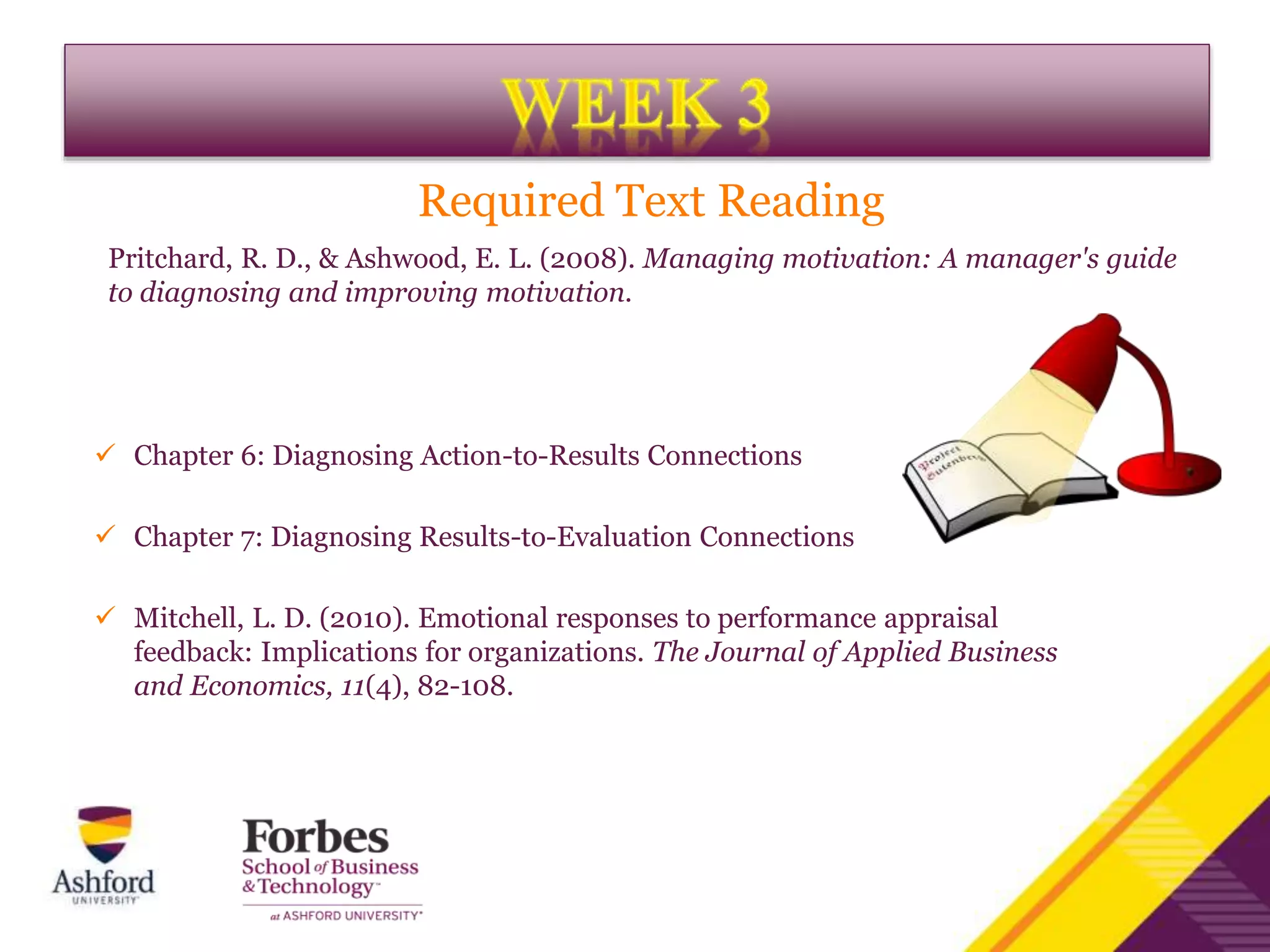  Chapter 6: Diagnosing Action-to-Results Connections
 Chapter 7: Diagnosing Results-to-Evaluation Connections
 Mitchell, L. D. (2010). Emotional responses to performance appraisal
feedback: Implications for organizations. The Journal of Applied Business
and Economics, 11(4), 82-108.
Required Text Reading
Pritchard, R. D., & Ashwood, E. L. (2008). Managing motivation: A manager's guide
to diagnosing and improving motivation.
 