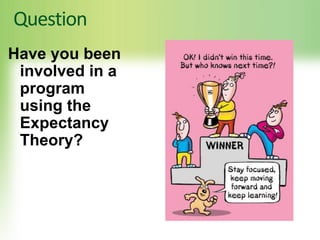 Question
Have you been
involved in a
program
using the
Expectancy
Theory?
 