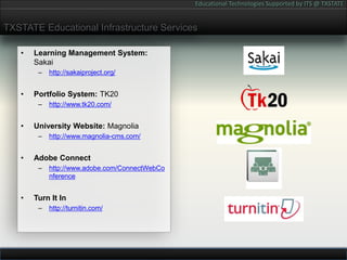 TXSTATE Educational Infrastructure ServicesLearning Management System: Sakaihttp://sakaiproject.org/Portfolio System: TK20http://www.tk20.com/University Website: Magnoliahttp://www.magnolia-cms.com/Adobe Connecthttp://www.adobe.com/ConnectWebConference  Turn It Inhttp://turnitin.com/