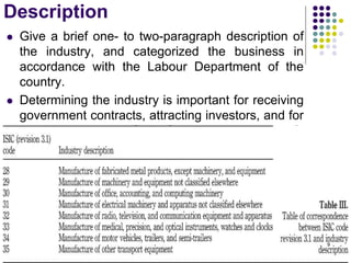 Description
 Give a brief one- to two-paragraph description of
the industry, and categorized the business in
accordance with the Labour Department of the
country.
 Determining the industry is important for receiving
government contracts, attracting investors, and for
receiving grants if it form as a non-profit
organisation. Example has been given below:
9
 