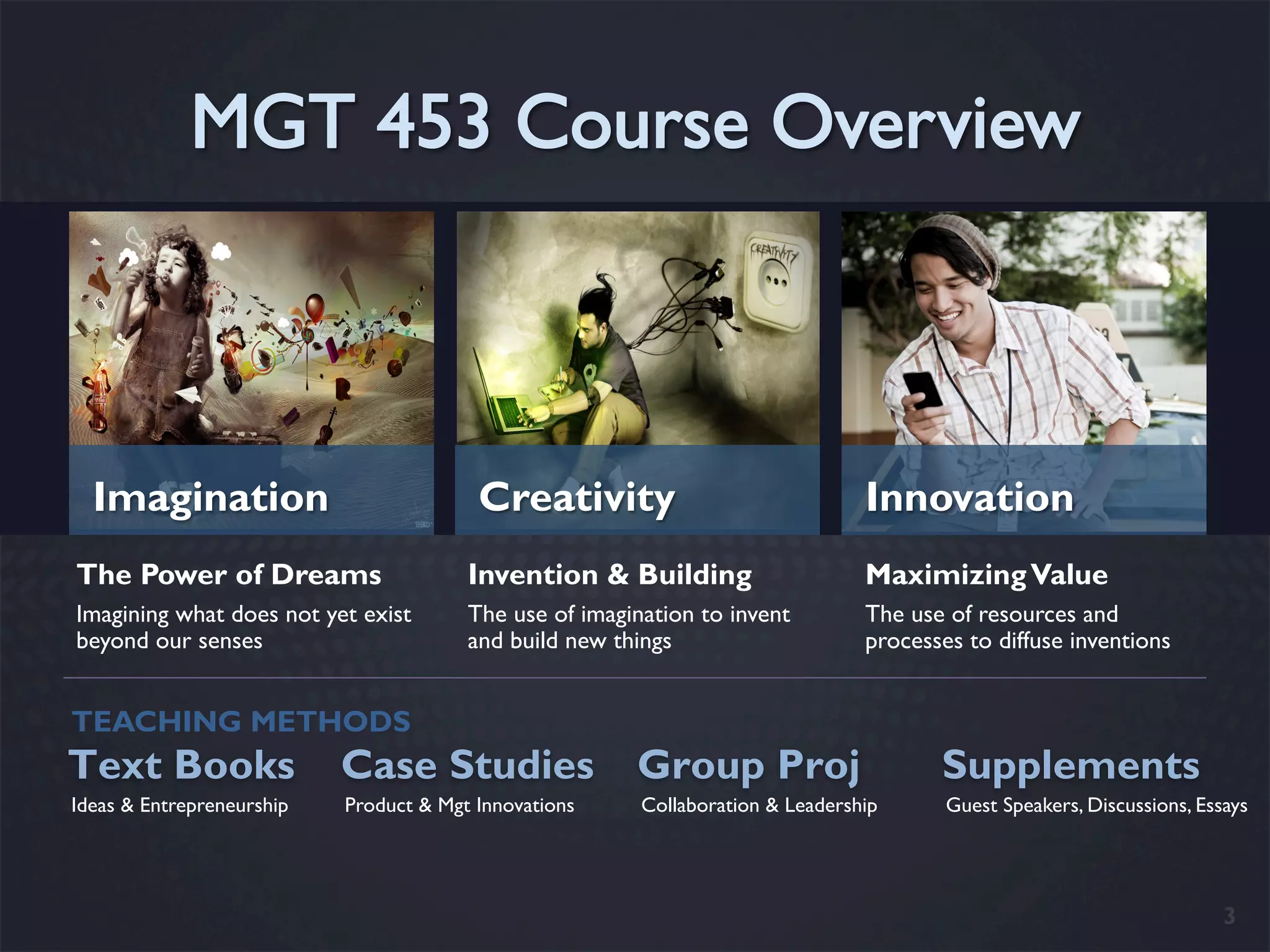 Imagination                            Creativity                              Innovation
The Power of Dreams                     Invention & Building                     Maximizing Value
Imagining what does not yet exist       The use of imagination to invent         The use of resources and
beyond our senses                       and build new things                     processes to diffuse inventions


TEACHING METHODS
Text Books                 Case Studies                 Group Proj                      Supplements
Ideas & Entrepreneurship   Product & Mgt Innovations     Collaboration & Leadership      Guest Speakers, Discussions, Essays




                                                                                                                         3
 