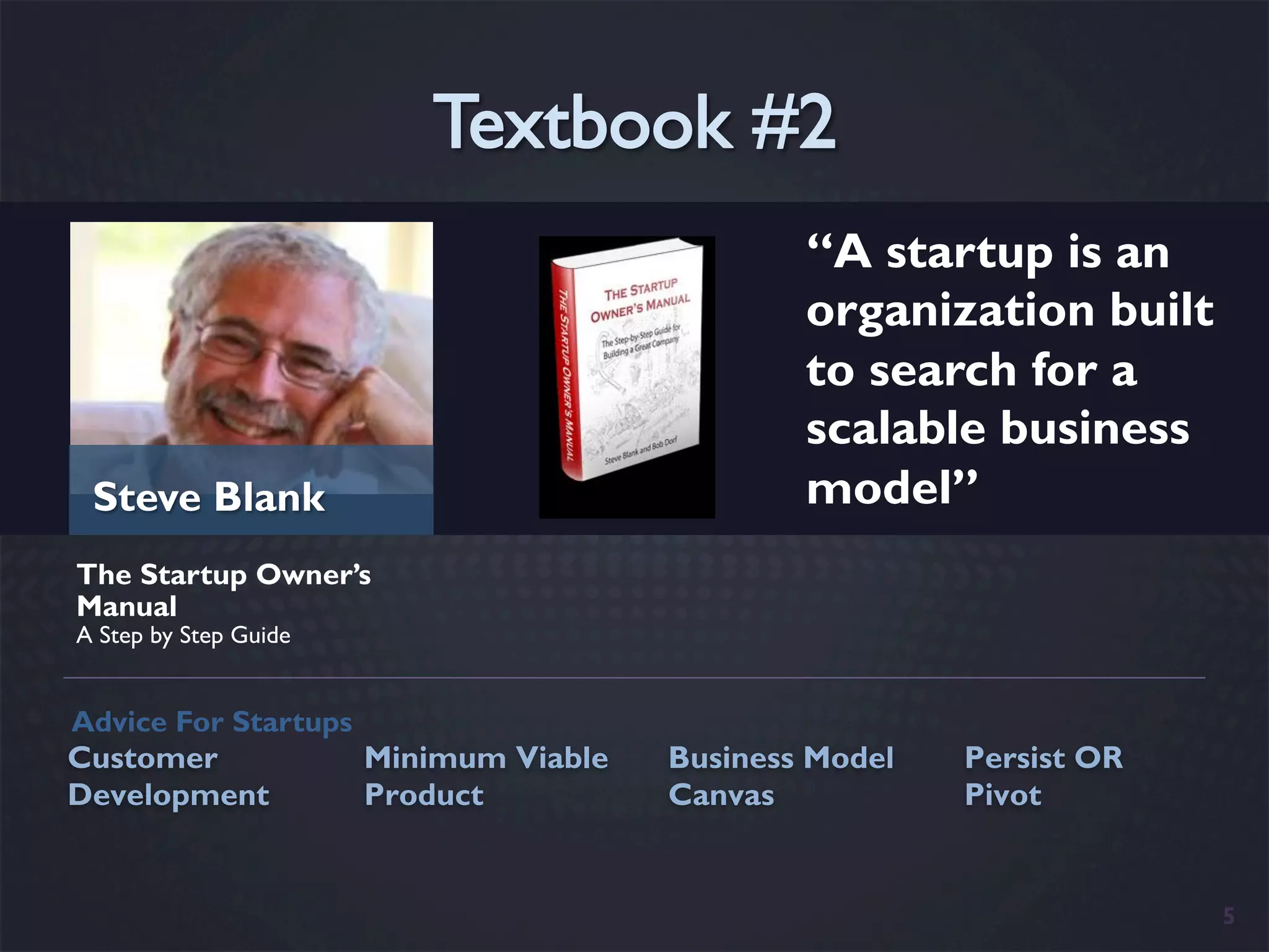 “A startup is an
                                                organization built
                                                to search for a
                                                scalable business
 Steve Blank                                    model”
The Startup Owner’s
Manual
A Step by Step Guide


Advice For Startups
Customer               Minimum Viable   Business Model   Persist OR
Development            Product          Canvas           Pivot


                                                                      5
 
