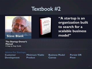 “A startup is an
                                                organization built
                                                to search for a
                                                scalable business
 Steve Blank                                    model”
The Startup Owner’s
Manual
A Step by Step Guide


Advice For Startups
Customer               Minimum Viable   Business Model   Persist OR
Development            Product          Canvas           Pivot


                                                                      5
 