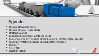 • The role of business ethics
• The role of social responsibility
• Strategic planning
• Considering stakeholder wants and...