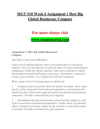 MGT 510 Week 4 Assignment 1 How Big
Global Businesses Compare
For more classes visit
www.snaptutorial.com
Assignment 1: How Big Global Businesses
Compare
Due Week 4 and worth 200 points
Select one (1) global industry, such as the automobile or cell phone
industry. Next, use the Internet to research three (3) major international
competitors within the chosen industry. Take note of manner in which
the popular international business press (e.g., newspapers, magazines,
e-zines, press releases, etc.) depicts the selected companies.
Write a four to five (4-5) page paper in which you:
1. Compare and contrast the three (3) models of culture. Next, select
one (1) of the researched international competitors, and ascertain the
model of culture that is most appropriate for the selected international
competitor. Provide a rationale for your response.
2. Recommend the type of economic system that best relates to each
of the researched internationalcompetitors. Predict three (3) potential
effects of such an economic system on the societies in which the system
is involved. Provide a rationale for your response.
 