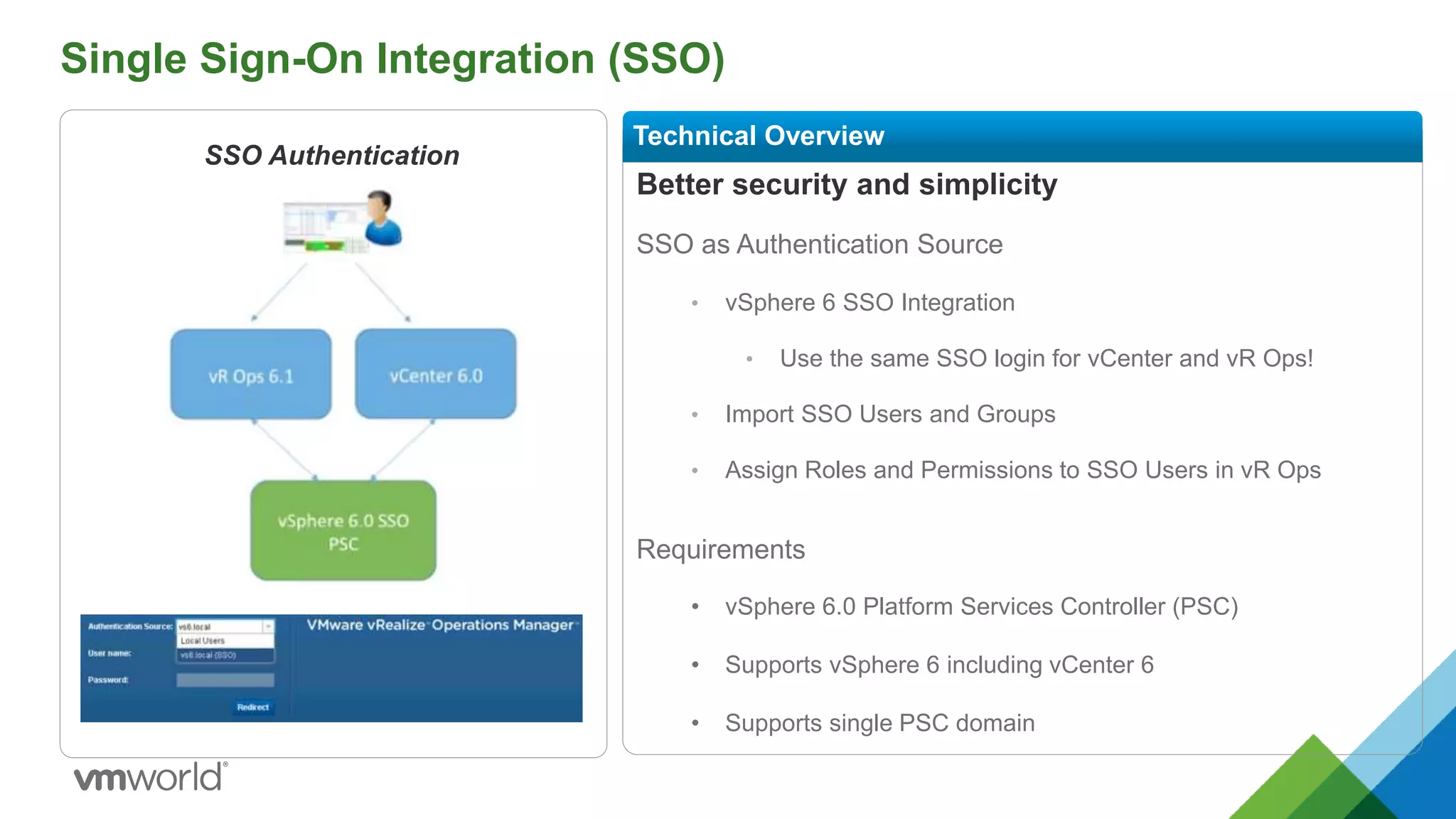 Single Sign-On Integration (SSO)
Better security and simplicity
SSO as Authentication Source
• vSphere 6 SSO Integration
• Use the same SSO login for vCenter and vR Ops!
• Import SSO Users and Groups
• Assign Roles and Permissions to SSO Users in vR Ops
Requirements
• vSphere 6.0 Platform Services Controller (PSC)
• Supports vSphere 6 including vCenter 6
• Supports single PSC domain
Technical Overview
SSO Authentication
 