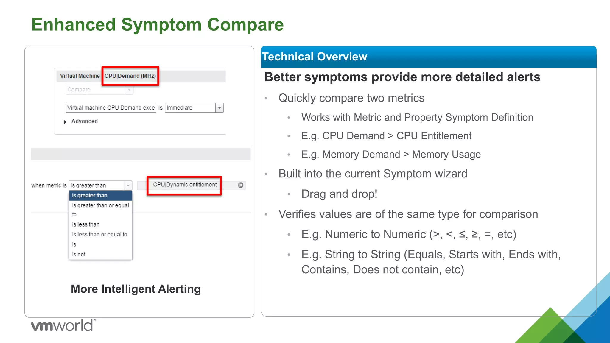 Enhanced Symptom Compare
Better symptoms provide more detailed alerts
• Quickly compare two metrics
• Works with Metric and Property Symptom Definition
• E.g. CPU Demand > CPU Entitlement
• E.g. Memory Demand > Memory Usage
• Built into the current Symptom wizard
• Drag and drop!
• Verifies values are of the same type for comparison
• E.g. Numeric to Numeric (>, <, ≤, ≥, =, etc)
• E.g. String to String (Equals, Starts with, Ends with,
Contains, Does not contain, etc)
Technical Overview
More Intelligent Alerting
 