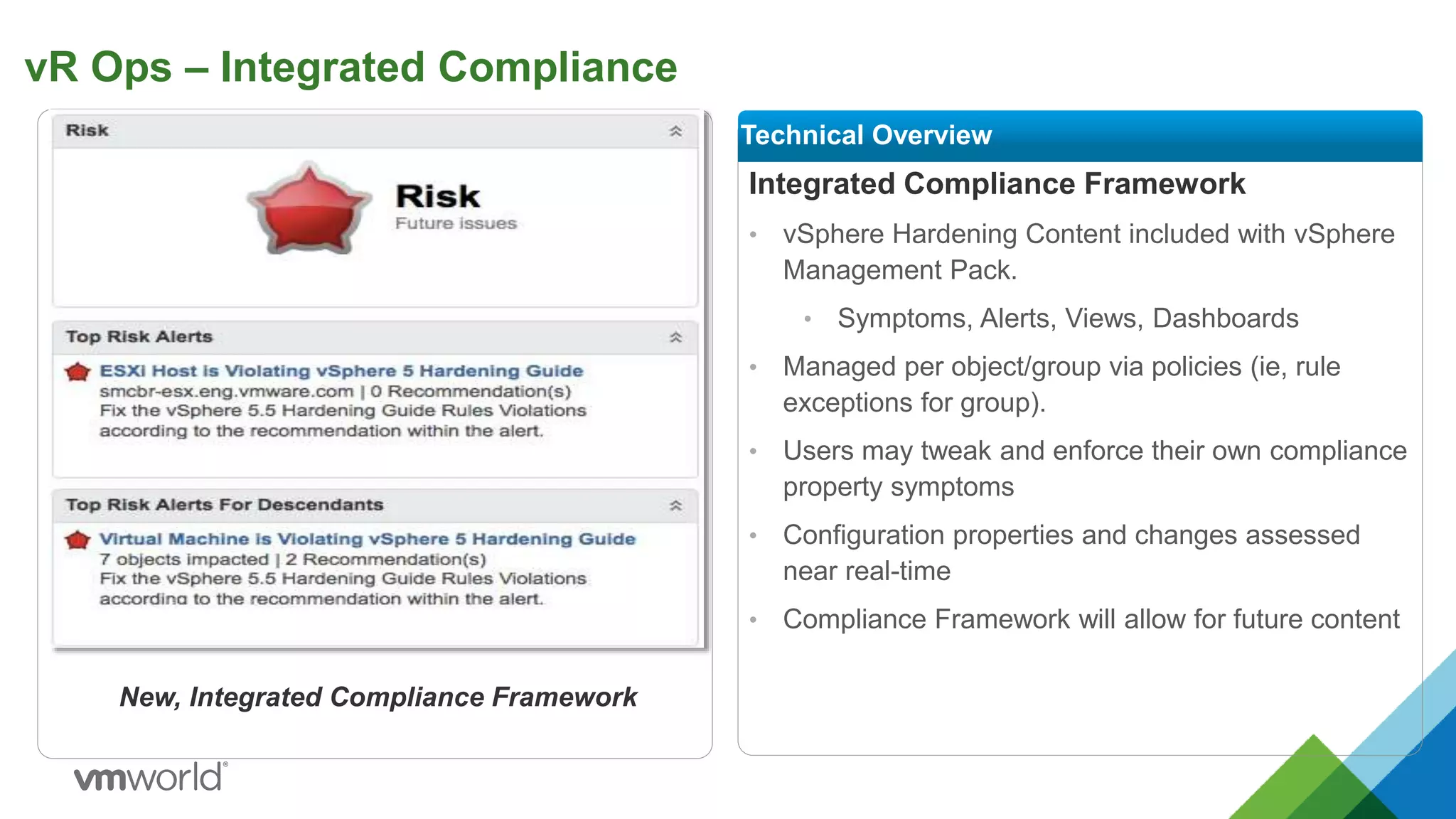 vR Ops – Integrated Compliance
Integrated Compliance Framework
• vSphere Hardening Content included with vSphere
Management Pack.
• Symptoms, Alerts, Views, Dashboards
• Managed per object/group via policies (ie, rule
exceptions for group).
• Users may tweak and enforce their own compliance
property symptoms
• Configuration properties and changes assessed
near real-time
• Compliance Framework will allow for future content
Technical Overview
New, Integrated Compliance Framework
 