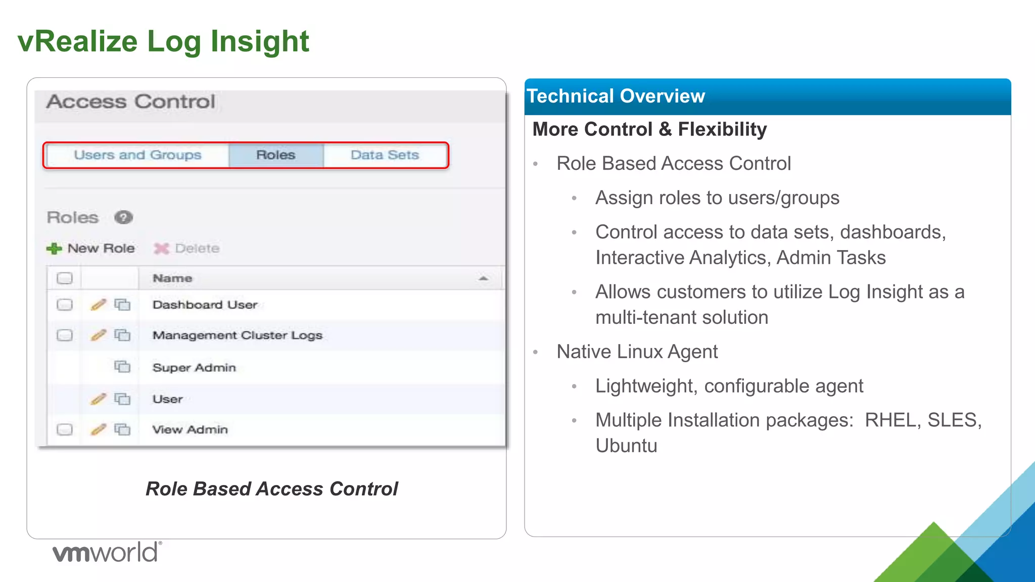 vRealize Log Insight
More Control & Flexibility
• Role Based Access Control
• Assign roles to users/groups
• Control access to data sets, dashboards,
Interactive Analytics, Admin Tasks
• Allows customers to utilize Log Insight as a
multi-tenant solution
• Native Linux Agent
• Lightweight, configurable agent
• Multiple Installation packages: RHEL, SLES,
Ubuntu
Technical Overview
Role Based Access Control
 