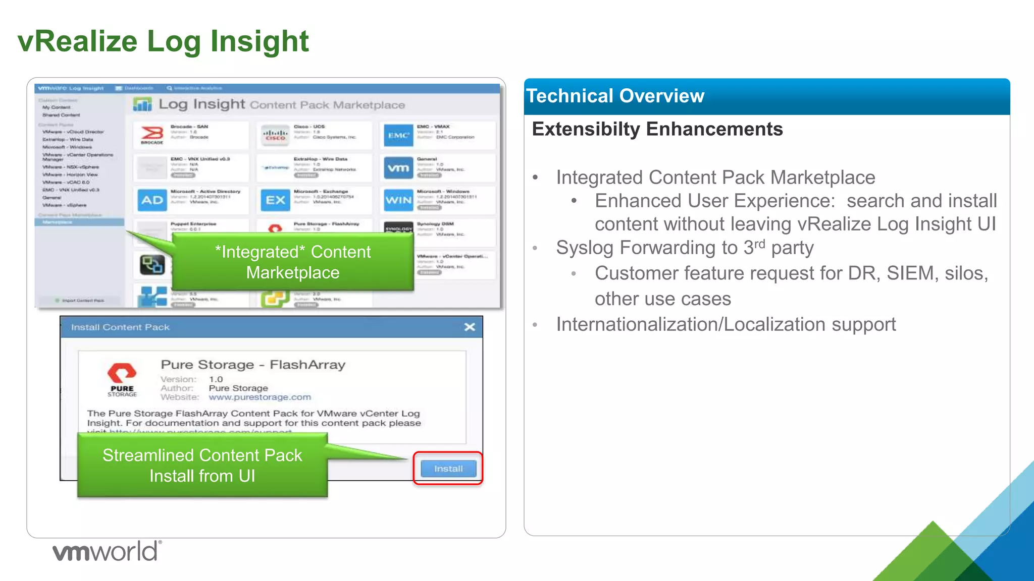 vRealize Log Insight
Technical Overview
Extensibilty Enhancements
• Integrated Content Pack Marketplace
• Enhanced User Experience: search and install
content without leaving vRealize Log Insight UI
• Syslog Forwarding to 3rd party
• Customer feature request for DR, SIEM, silos,
other use cases
• Internationalization/Localization support
*Integrated* Content
Marketplace
Streamlined Content Pack
Install from UI
 