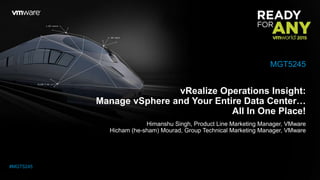 vRealize Operations Insight:
Manage vSphere and Your Entire Data Center…
All In One Place!
Himanshu Singh, Product Line Marketing Manager, VMware
Hicham (he-sham) Mourad, Group Technical Marketing Manager, VMware
MGT5245
#MGT5245
 