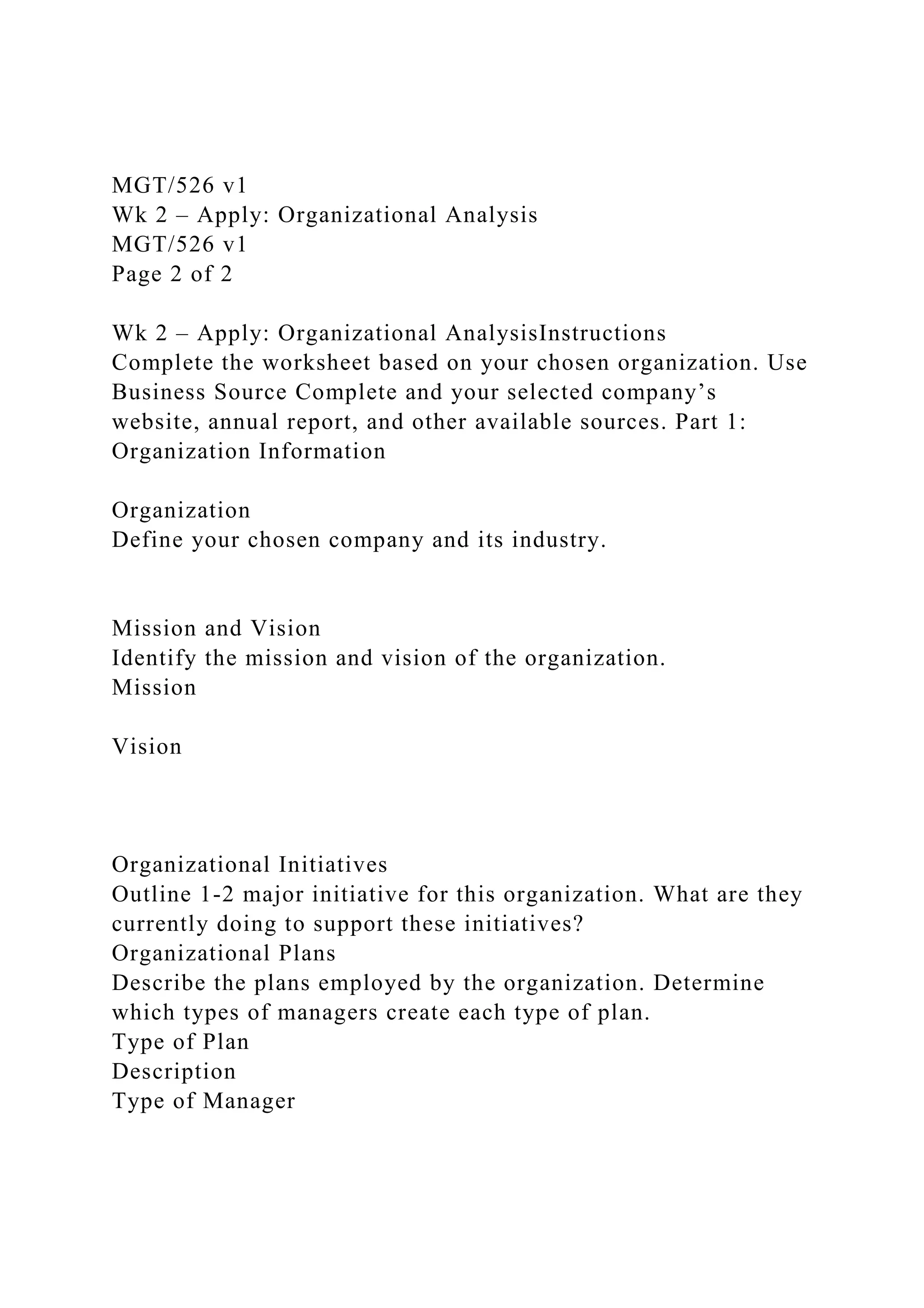 MGT526 v1Wk 2 – Apply Organizational AnalysisMGT526 v1Pag.docx