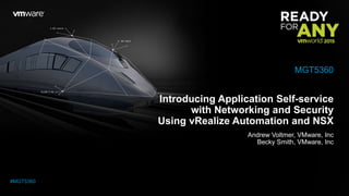 Introducing Application Self-service
with Networking and Security
Using vRealize Automation and NSX
Andrew Voltmer, VMware, Inc
Becky Smith, VMware, Inc
MGT5360
#MGT5360
 