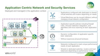 Application Centric Network and Security Services
CONFIDENTIAL 23
Deployed and managed in the application context
Web
App
Database
VM VM
VM VM VM
VM
• Applications configured with dedicated or shared
virtual switches and routers depending on needs
• Virtual Machines can be moved (vMotion) without
changing virtual network configuration
• Application specific policies including firewall
rules, intrusion detection integration, and
agentless anti-virus scanning at each application
tier
• Dynamic configuration of application specific
load balancers
• Without expensive physical hardware
VM
• Networks configured to meet unique performance
needs of each application
• Shared or dedicated switches, routers and load
balancers depending on performance needs
VM VM
VM VM
VM VM VM
 