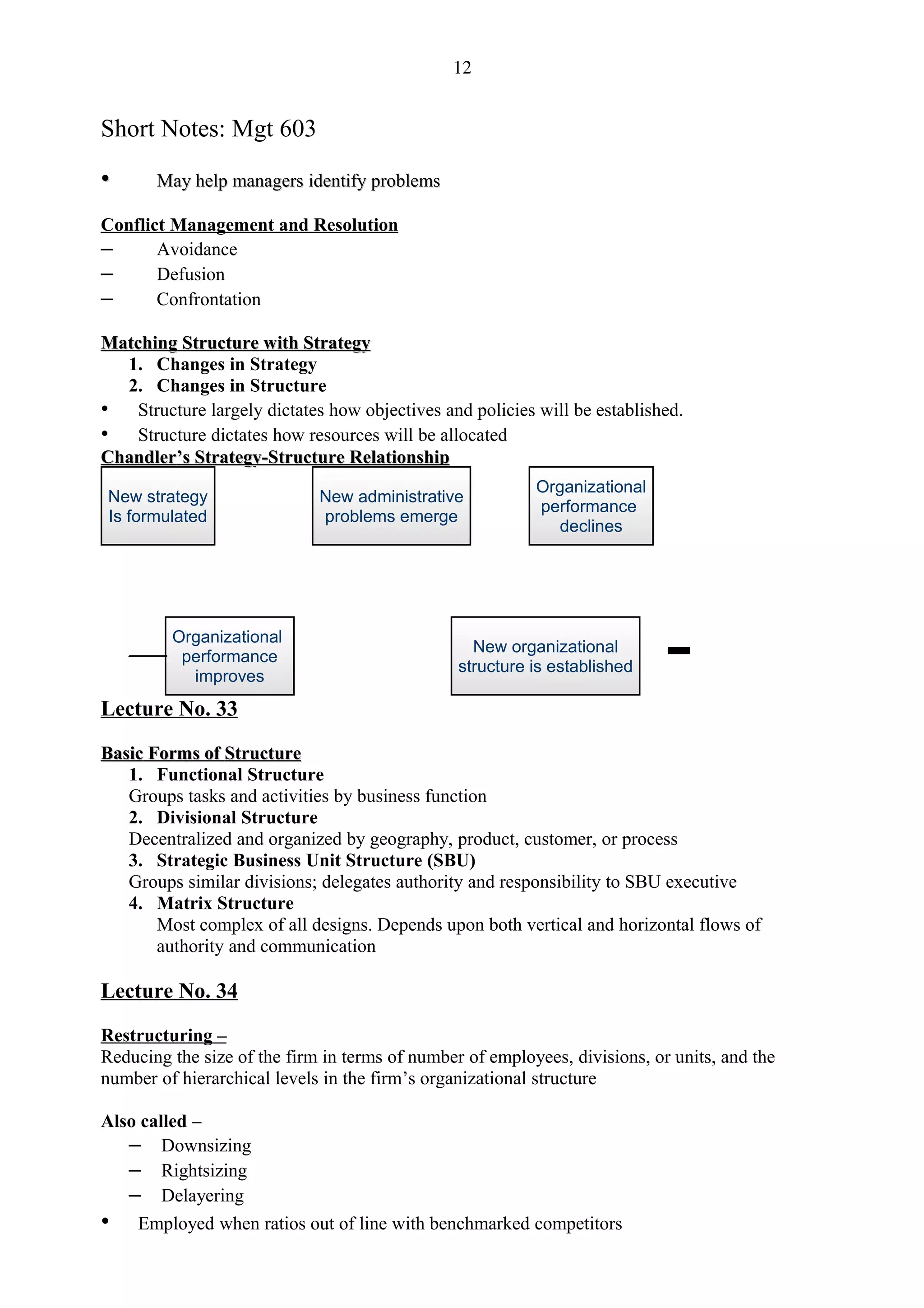 12


Short Notes: Mgt 603

•      May help managers identify problems

Conflict Management and Resolution
–      Avoidance
–      Defusion
–      Confrontation

Matching Structure with Strategy
  1. Changes in Strategy
  2. Changes in Structure
• Structure largely dictates how objectives and policies will be established.
• Structure dictates how resources will be allocated
Chandler’s Strategy-Structure Relationship
                                                          Organizational
New strategy                 New administrative
                                                          performance
Is formulated                problems emerge
                                                            declines




         Organizational
                                                  New organizational
          performance
                                                structure is established
           improves
Lecture No. 33

Basic Forms of Structure
   1. Functional Structure
   Groups tasks and activities by business function
   2. Divisional Structure
   Decentralized and organized by geography, product, customer, or process
   3. Strategic Business Unit Structure (SBU)
   Groups similar divisions; delegates authority and responsibility to SBU executive
   4. Matrix Structure
       Most complex of all designs. Depends upon both vertical and horizontal flows of
       authority and communication

Lecture No. 34

Restructuring –
Reducing the size of the firm in terms of number of employees, divisions, or units, and the
number of hierarchical levels in the firm’s organizational structure

Also called –
   – Downsizing
   – Rightsizing
   – Delayering
• Employed when ratios out of line with benchmarked competitors
 