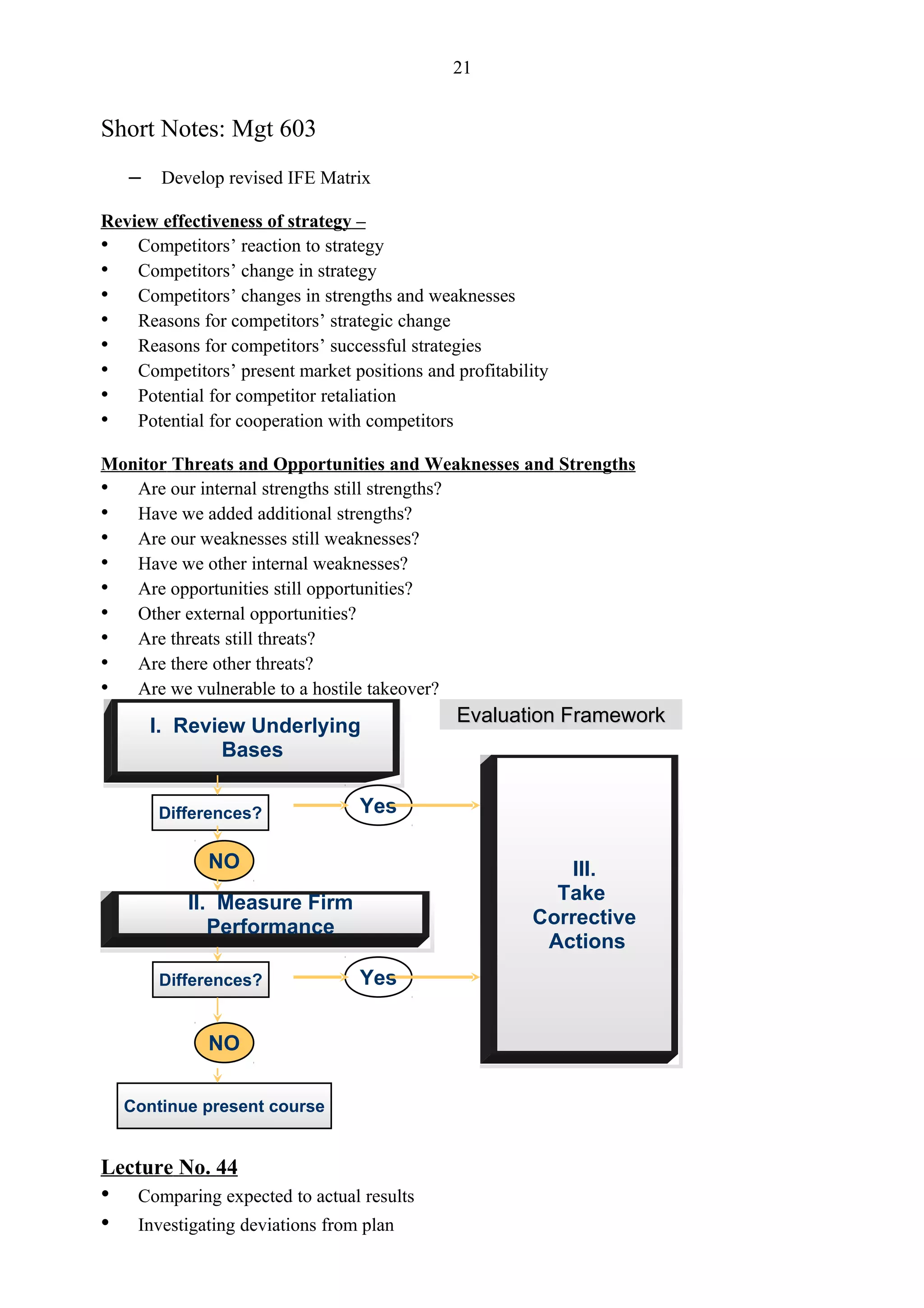 21


Short Notes: Mgt 603
    – Develop revised IFE Matrix
Review effectiveness of strategy –
• Competitors’ reaction to strategy
• Competitors’ change in strategy
• Competitors’ changes in strengths and weaknesses
• Reasons for competitors’ strategic change
• Reasons for competitors’ successful strategies
• Competitors’ present market positions and profitability
• Potential for competitor retaliation
• Potential for cooperation with competitors
Monitor Threats and Opportunities and Weaknesses and Strengths
• Are our internal strengths still strengths?
• Have we added additional strengths?
• Are our weaknesses still weaknesses?
• Have we other internal weaknesses?
• Are opportunities still opportunities?
• Other external opportunities?
• Are threats still threats?
• Are there other threats?
• Are we vulnerable to a hostile takeover?
                                             Evaluation Framework
      I. Review Underlying
             Bases

       Differences?               Yes

              NO                                          III.
           II. Measure Firm                             Take
              Performance                             Corrective
                                                       Actions
        Differences?              Yes


              NO

    Continue present course


Lecture No. 44
•    Comparing expected to actual results
•    Investigating deviations from plan
 