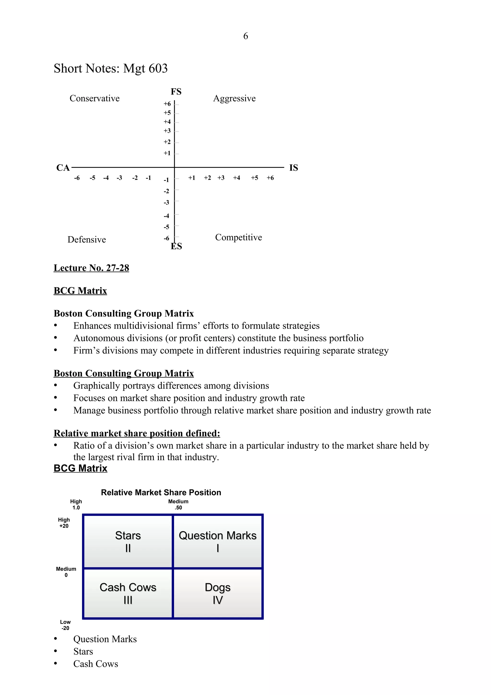6


Short Notes: Mgt 603
                                                FS
       Conservative                        +6
                                                            Aggressive
                                           +5
                                           +4
                                           +3
                                           +2
                                           +1

CA                                                                                     IS
            -6    -5   -4   -3   -2   -1   -1        +1   +2 +3   +4       +5   +6

                                           -2
                                           -3

                                           -4
                                           -5

       Defensive                           -6               Competitive
                                                ES

Lecture No. 27-28

BCG Matrix

Boston Consulting Group Matrix
• Enhances multidivisional firms’ efforts to formulate strategies
• Autonomous divisions (or profit centers) constitute the business portfolio
• Firm’s divisions may compete in different industries requiring separate strategy

Boston Consulting Group Matrix
• Graphically portrays differences among divisions
• Focuses on market share position and industry growth rate
• Manage business portfolio through relative market share position and industry growth rate

Relative market share position defined:
• Ratio of a division’s own market share in a particular industry to the market share held by
    the largest rival firm in that industry.
BCG Matrix

                       Relative Market Share Position
           High                             Medium                              Low
            1.0                               .50                                0.0

    High
    +20

                            Stars                Question Marks
                              II                        I
Medium
  0

                       Cash Cows                          Dogs
                           III                             IV
    Low
    -20

•           Question Marks
•           Stars
•           Cash Cows
 