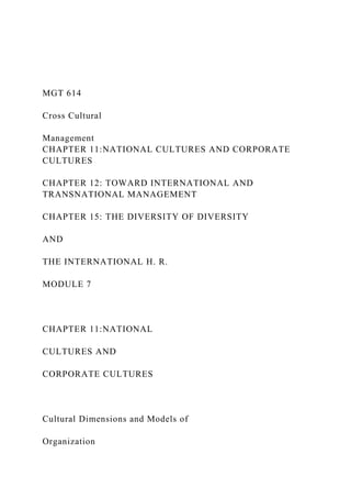 MGT 614
Cross Cultural
Management
CHAPTER 11:NATIONAL CULTURES AND CORPORATE
CULTURES
CHAPTER 12: TOWARD INTERNATIONAL AND
TRANSNATIONAL MANAGEMENT
CHAPTER 15: THE DIVERSITY OF DIVERSITY
AND
THE INTERNATIONAL H. R.
MODULE 7
CHAPTER 11:NATIONAL
CULTURES AND
CORPORATE CULTURES
Cultural Dimensions and Models of
Organization
 