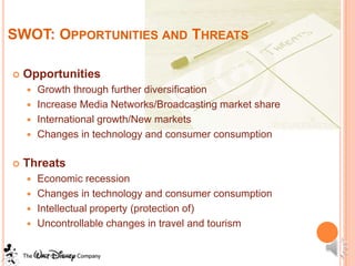 SWOT: OPPORTUNITIES AND THREATS

   Opportunities
     Growth through further diversification
     Increase Media Networks/Broadcasting market share
     International growth/New markets
     Changes in technology and consumer consumption


   Threats
       Economic recession
       Changes in technology and consumer consumption
       Intellectual property (protection of)
       Uncontrollable changes in travel and tourism
 