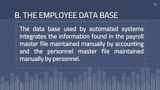 B. THE EMPLOYEE DATA BASE
13
The data base used by automated systems
integrates the information found in the payroll
master file maintained manually by accounting
and the personnel master file maintained
manually by personnel.
 