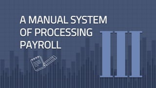 A MANUAL SYSTEM
OF PROCESSING
PAYROLL
 