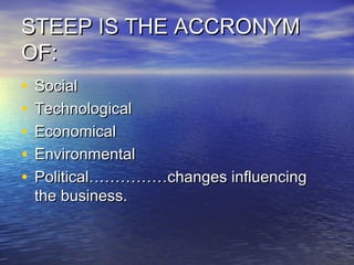 STEEP IS THE ACCRONYM
OF:
•   Social
•   Technological
•   Economical
•   Environmental
•   Political……………changes influencing
    the business.
 