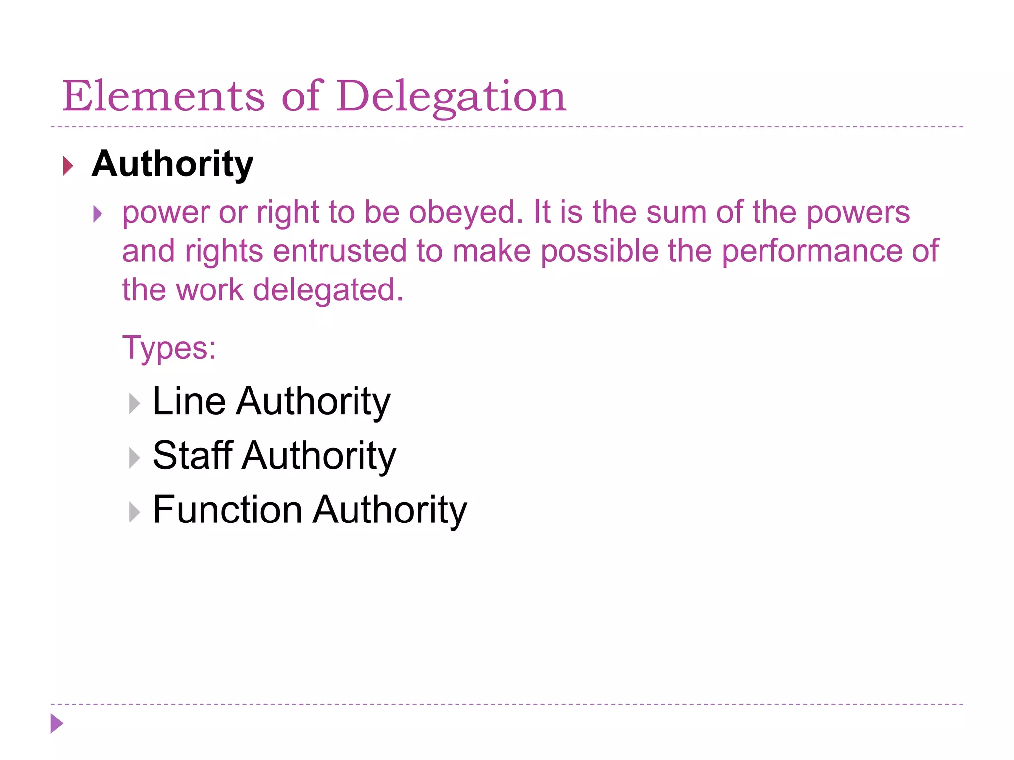 Elements of Delegation
 Authority
 power or right to be obeyed. It is the sum of the powers
and rights entrusted to make possible the performance of
the work delegated.
Types:
 Line Authority
 Staff Authority
 Function Authority
 