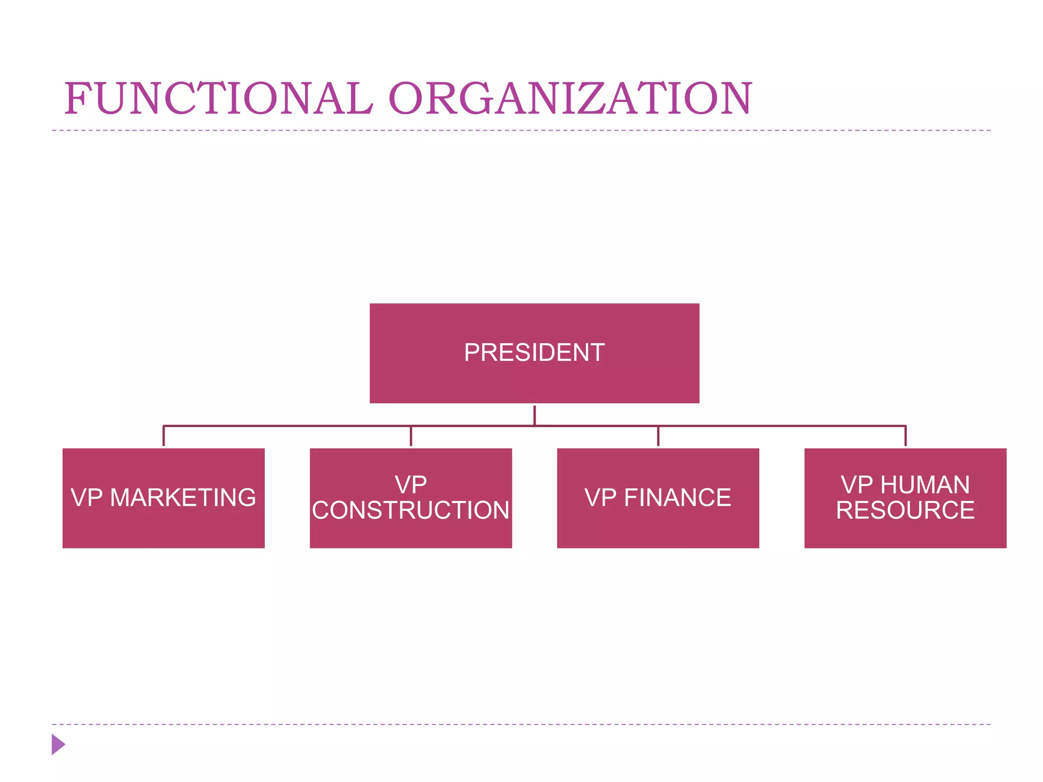 FUNCTIONAL ORGANIZATION
PRESIDENT
VP MARKETING
VP
CONSTRUCTION
VP FINANCE
VP HUMAN
RESOURCE
 