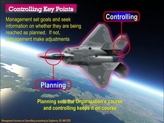 Management function on Controlling presenting by Sugiharto, SH. MM 2013
Planning
Controlling
Planning sets the Organization’s course
and controlling keeps it on course
Management set goals and seek
information on whether they are being
reached as planned. If not,
management make adjustments
 