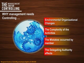 Management function on Controlling presenting by Sugiharto, SH. MM 2013
TheManagement
Function
controlling
WHY management needs
Controlling …
Environmental Organizational
Changes
The Complexity of the
Activities
The Mistakes occurred by
member
The Delegating Authority
effects
 