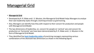Managerial Grid
• Managerial Grid
• Developed by R. R. Blake and J. S. Mouton, the Managerial Grid Model helps Managers to analyze
their own leadership styles through a technique known as grid training.
• Also, Managers can identify how they with respect to their concern for production and people
with Managerial Grid Model.
• The two dimensions of leadership, viz. concern for people on ‘vertical’ axis and concern for
production on ‘horizontal’ axis have been demonstrated by R. R. Blake and J. S. Mouton in the
form of Managerial Grid Model.
• They identified five basic leadership styles of practicing managers representing various
combinations of the aforesaid two dimensions as shown in the following figure;
 