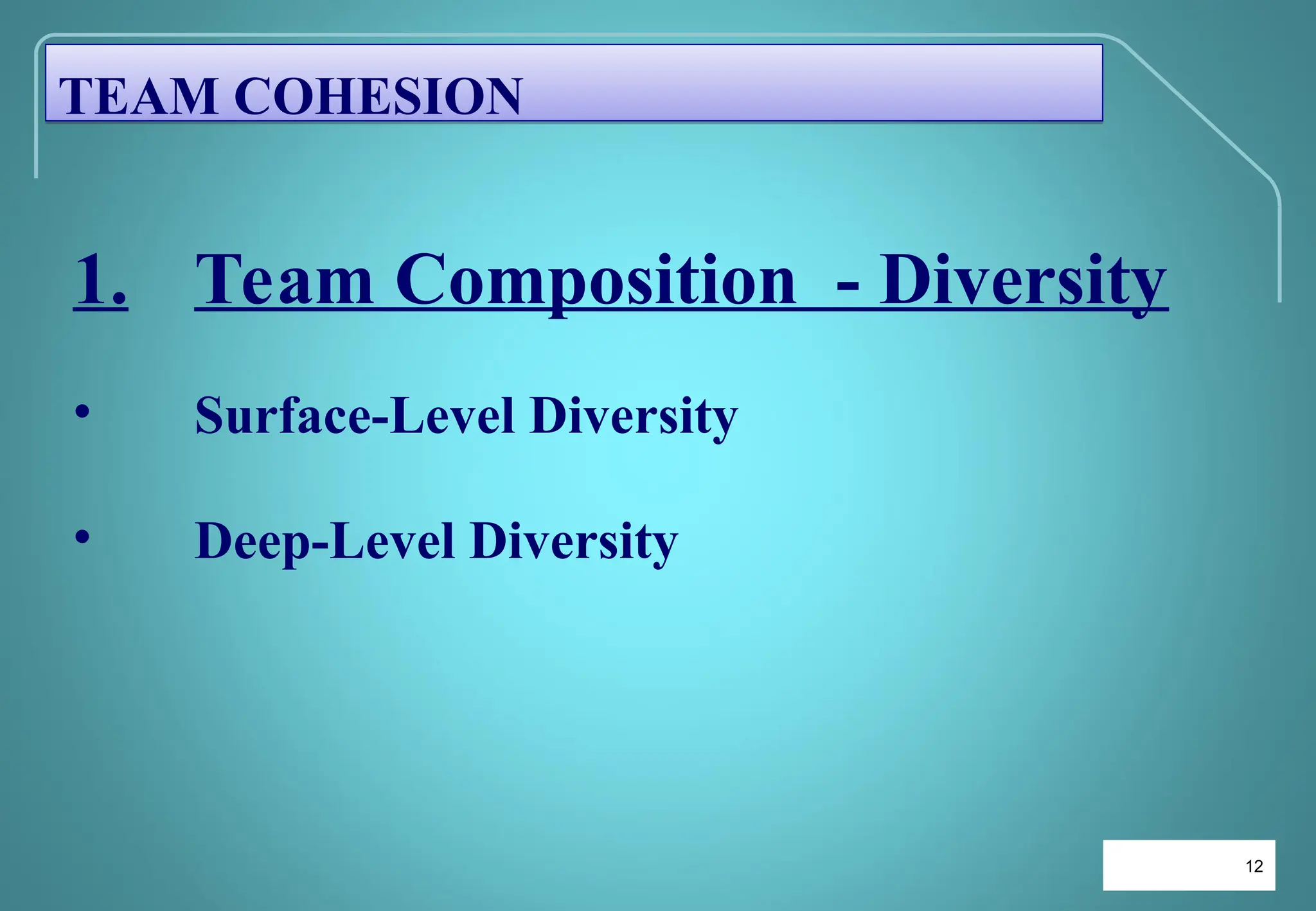 12
12
1. Team Composition - Diversity
• Surface-Level Diversity
• Deep-Level Diversity
TEAM COHESION
 