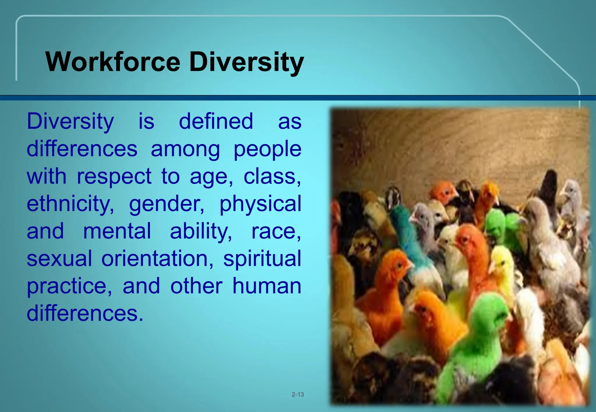 13
Diversity is defined as
differences among people
with respect to age, class,
ethnicity, gender, physical
and mental ability, race,
sexual orientation, spiritual
practice, and other human
differences.
2-13
Workforce Diversity
 