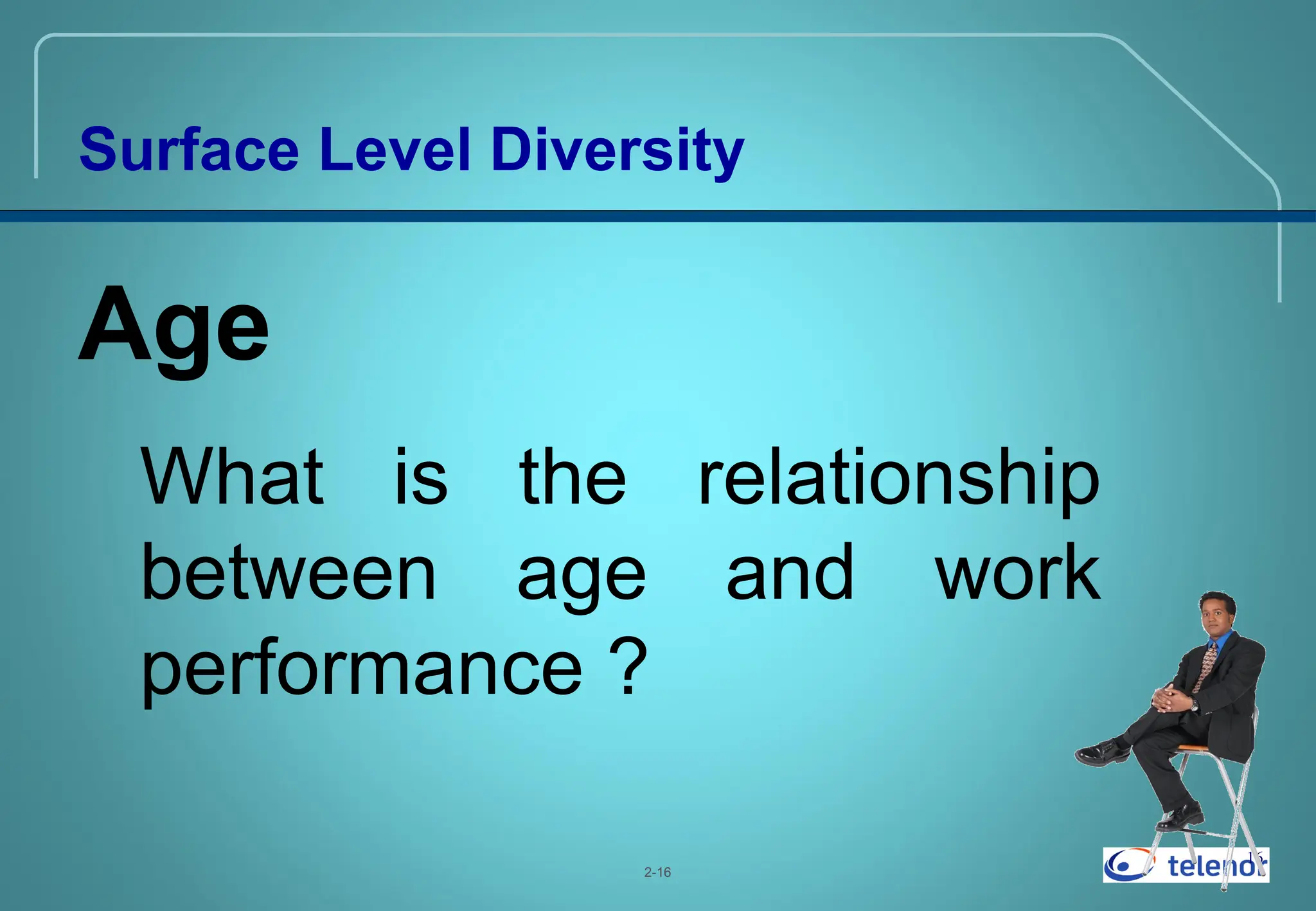 16
Surface Level Diversity
Age
What is the relationship
between age and work
performance ?
2-16
 