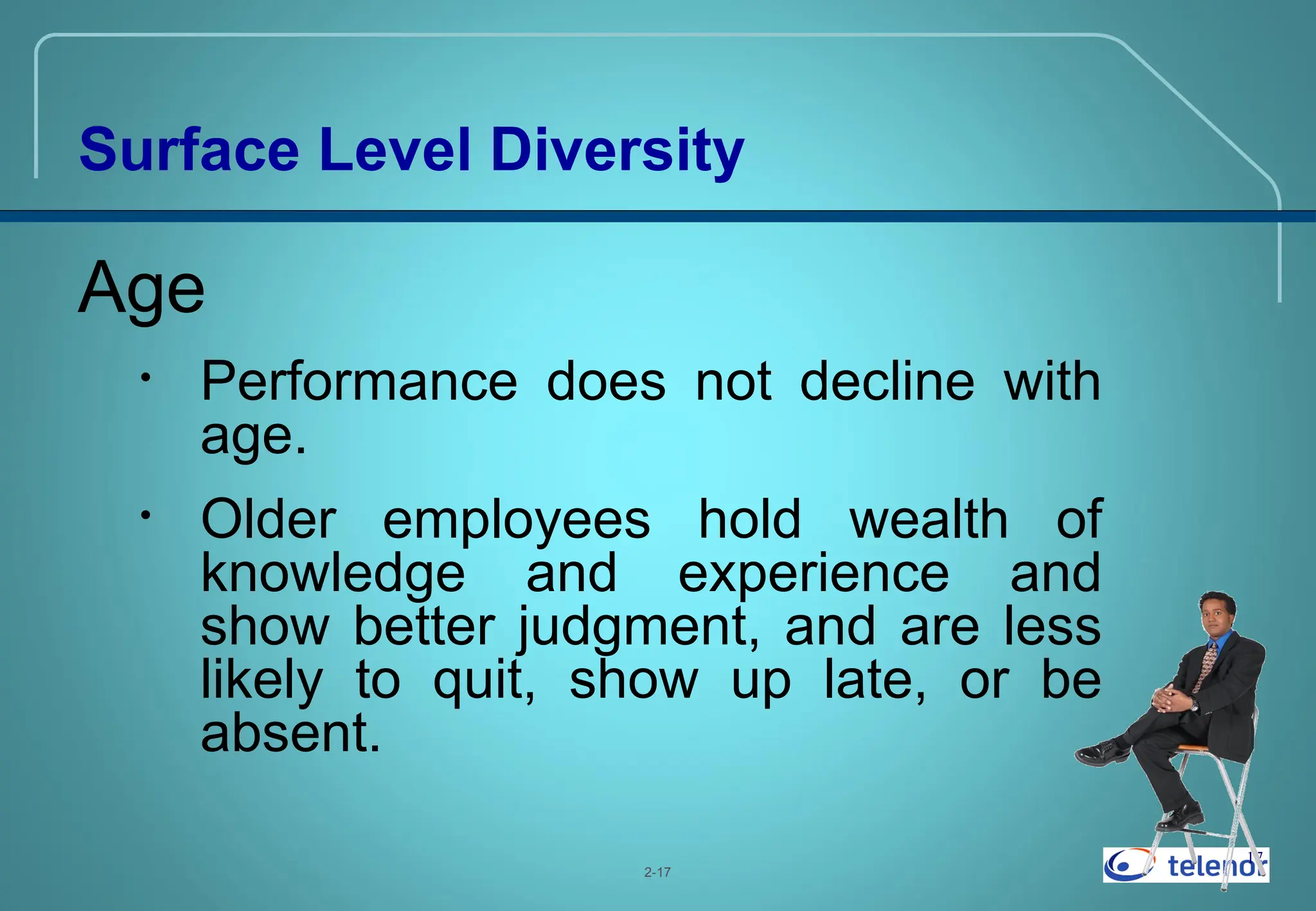 17
Surface Level Diversity
Age
• Performance does not decline with
age.
• Older employees hold wealth of
knowledge and experience and
show better judgment, and are less
likely to quit, show up late, or be
absent.
2-17
 