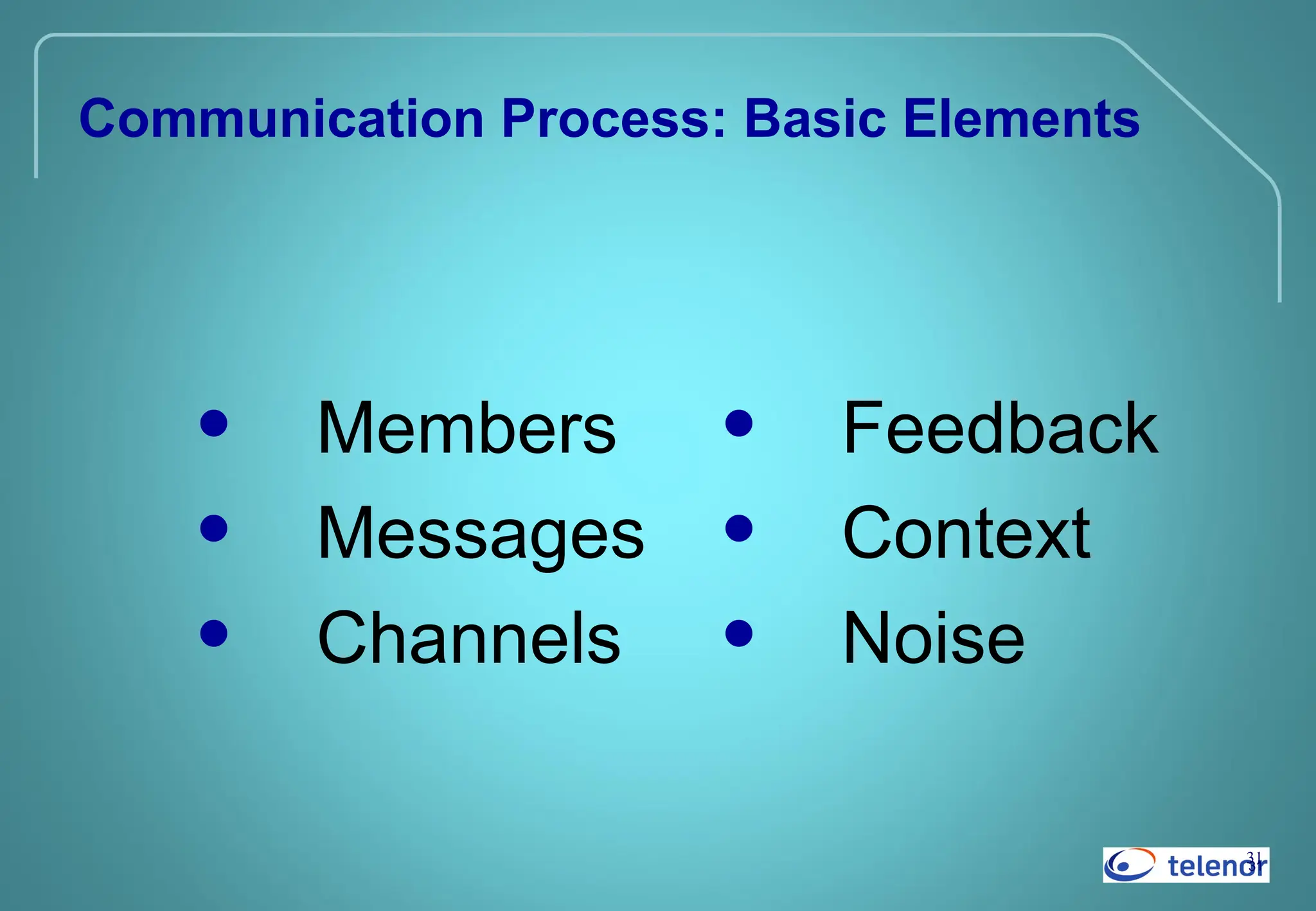 31
31
Communication Process: Basic Elements
• Members
• Messages
• Channels
• Feedback
• Context
• Noise
 