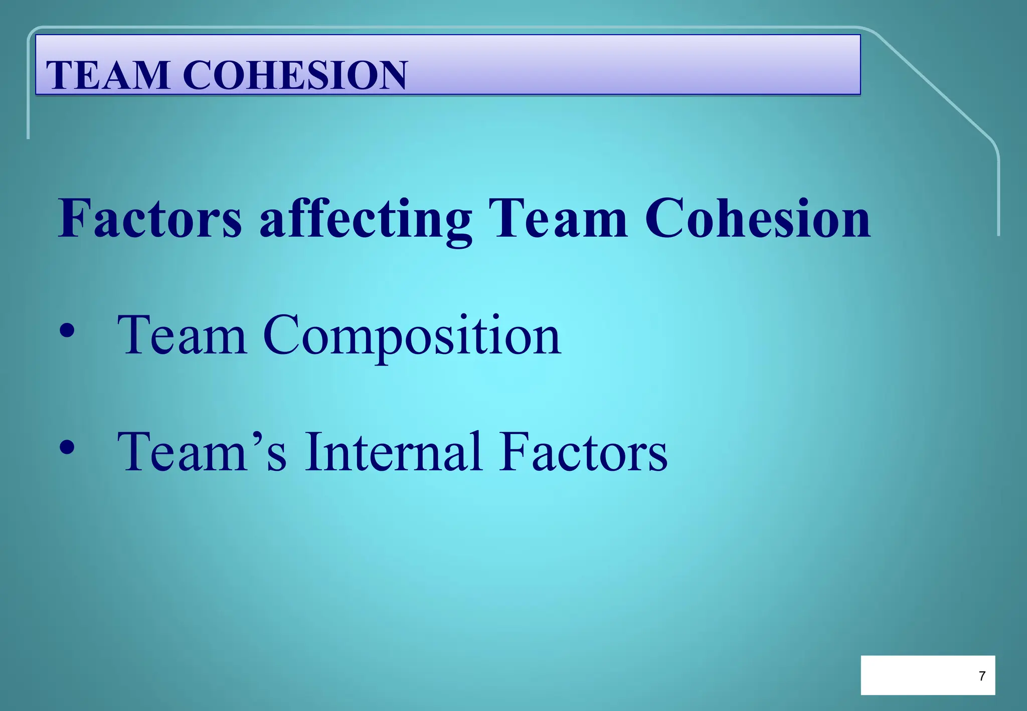 7
7
Factors affecting Team Cohesion
• Team Composition
• Team’s Internal Factors
TEAM COHESION
 