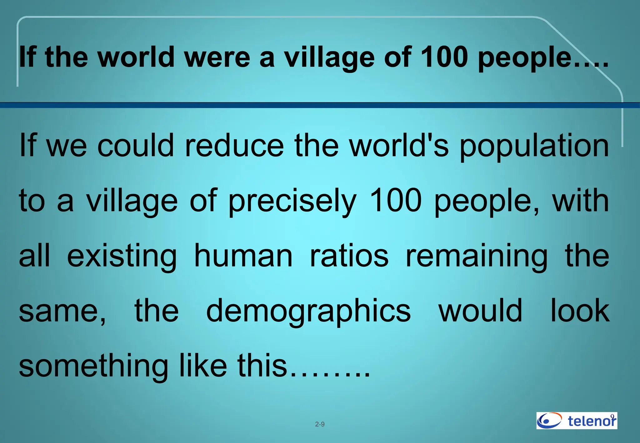 9
2-9
If we could reduce the world's population
to a village of precisely 100 people, with
all existing human ratios remaining the
same, the demographics would look
something like this……..
If the world were a village of 100 people….
 