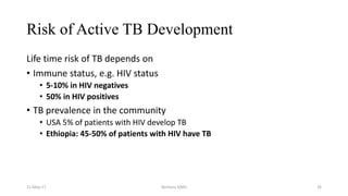 Risk of Active TB Development
Life time risk of TB depends on
• Immune status, e.g. HIV status
• 5-10% in HIV negatives
• 50% in HIV positives
• TB prevalence in the community
• USA 5% of patients with HIV develop TB
• Ethiopia: 45-50% of patients with HIV have TB
11-May-17 Berhanu S(MI) 26
 