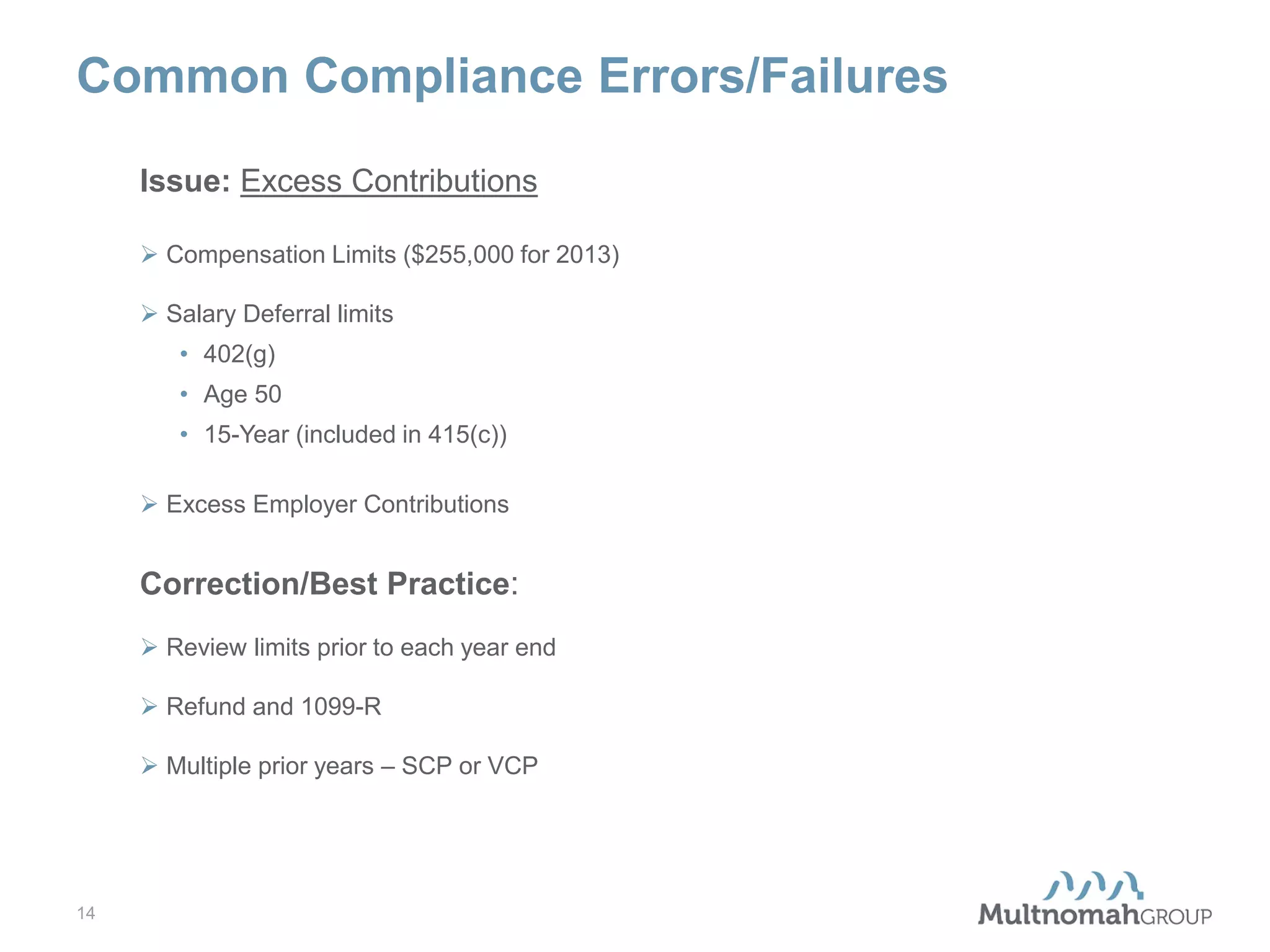 Common Compliance Errors/Failures
Issue: Excess Contributions
 Compensation Limits ($255,000 for 2013)
 Salary Deferral limits
• 402(g)
• Age 50
• 15-Year (included in 415(c))
 Excess Employer Contributions

Correction/Best Practice:
 Review limits prior to each year end
 Refund and 1099-R
 Multiple prior years – SCP or VCP

14

 