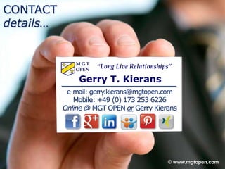 © 2011 www.mgtopen.com© www.mgtopen.com
Gerry T. Kierans
e-mail: gerry.kierans@mgtopen.com
Mobile: +49 (0) 173 253 6226
Online @ MGT OPEN or Gerry Kierans
“Long Live Relationships”
CONTACT
details…
 
