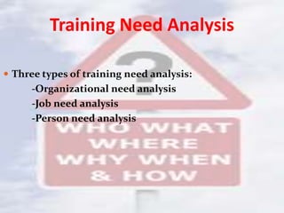 Training Need Analysis
 Three types of training need analysis:
-Organizational need analysis
-Job need analysis
-Person need analysis
 