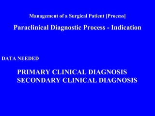 Management of a Surgical Patient [Process]
Paraclinical Diagnostic Process - Indication
DATA NEEDED
PRIMARY CLINICAL DIAGNOSIS
SECONDARY CLINICAL DIAGNOSIS
 